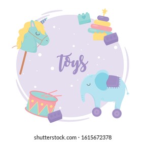 pyramid horse stick drum blocks and elephant with wheels cartoon kids toys vector illustration