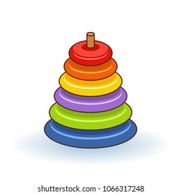 Pyramid icon. Childrens colorful plastic toy. Rainbow color stacking ring set. Triangle shape. Education card for kids. Isolated. White background. Flat design. Vector illustration