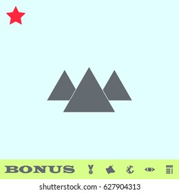 Pyramid icon flat. Grey pictogram on blue background. Vector illustration symbol and bonus buttons medal, cow, earth, eye, calculator