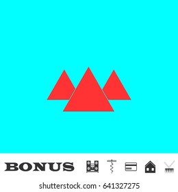 Pyramid icon flat. Red pictogram on blue background. Vector illustration symbol and bonus buttons Music center, corkscrew, credit card, house, drum