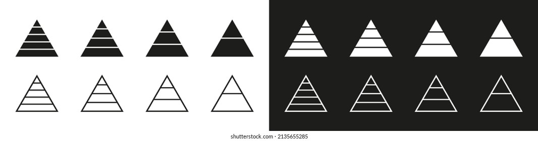 Pyramid Icon. Graphic Pyramid Logos Isolated On White And Black Background. Line Silhouettes With 3 Section. Triangle For Infographic And Presentation. Vector.