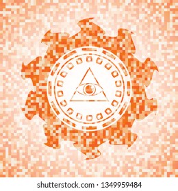 pyramid icon inside abstract orange mosaic emblem