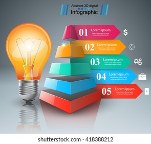 The pyramid icon. The light bulb icon. 3d infographic design template and marketing icons.