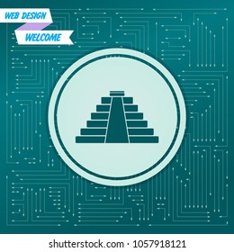 pyramid icon on a green background, with arrows in different directions. It appears on the electronic board. Vector illustration