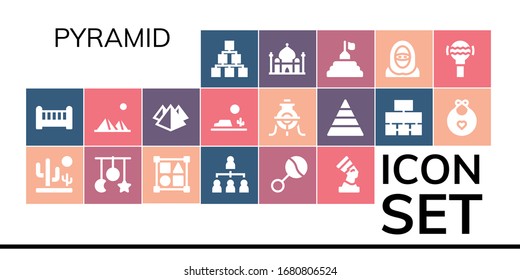 pyramid icon set. 19 filled pyramid icons.  Simple modern icons such as: Hierarchical structure, Crib, Desert, Crib toy, Shapes, Rattle, Pharaoh, Pyramids, Pyramid, Alchemy, Flow chart