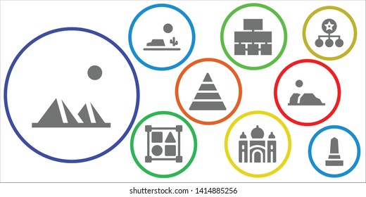 pyramid icon set. 9 filled pyramid icons.  Collection Of - Pyramids, Desert, Flow chart, Shapes, Taj mahal, Pyramid, Diagram, Monument