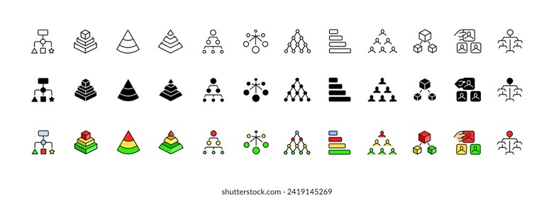 Pyramid icon set. Hierarchy pyramid icons. Linear, silhouette and flat style. Vector icons