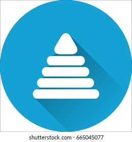 Pyramid icon. Vector. White baby toy on blue background. Baby shower simple symbol in flat design with long shadow.