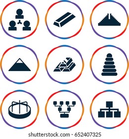 Pyramid Icons Set. Set Of 9 Pyramid Filled Icons Such As Chichen Itza, Pyramid, Child Playground Carousel, Gold, Gold Bar, Family Structure