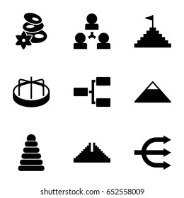 Pyramid icons set. set of 9 pyramid filled icons such as chichen itza, child playground carousel, spa stones