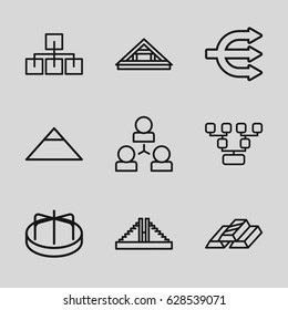 Pyramid Icons Set. Set Of 9 Pyramid Outline Icons Such As Chichen Itza, Pyramid,child Playground Carousel, Gold Bar, Family Structure