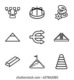 Pyramid Icons Set. Set Of 9 Pyramid Outline Icons Such As Chichen Itza, Child Playground Carousel, Spa Stones, Gold, Family Structure