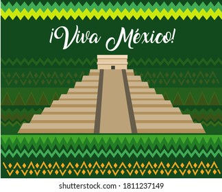 Pyramid illustration with Mexican decorative background, text in Spanish: Long live Mexico