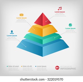 Pyramid info chart graphic for business design. Reports, step presentations in cone shape with icons.