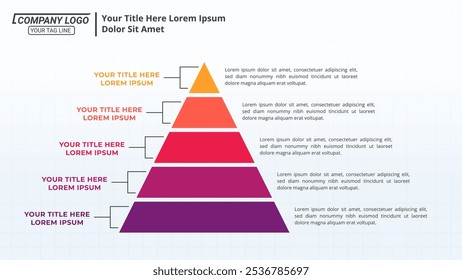 Pyramid Infographic com 5 etapas em um layout 16:9 para apresentações de negócios, gerenciamento e avaliação.