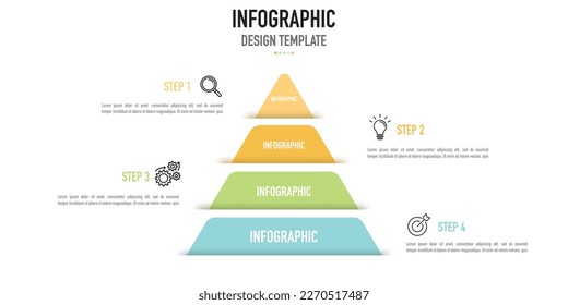 Plantillas de negocio infográfico pirámide o elemento como vector sobre fondo blanco, con 4 pasos, proceso, opción, capa de color e icono para presentación o diapositiva, estilo simple, moderno o mínimo