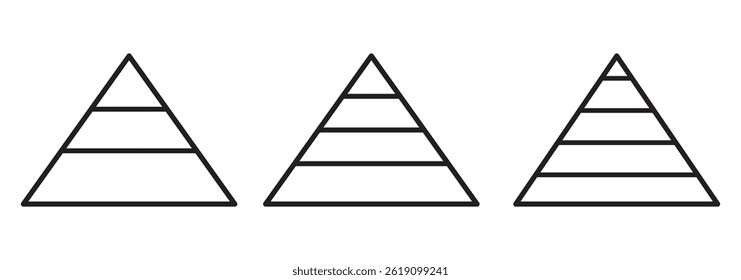Conjunto de ícones infográficos da pirâmide. Coleção de segmentos de dados da hierarquia de triângulos. Níveis da pirâmide triangular. Pirâmide triangular.