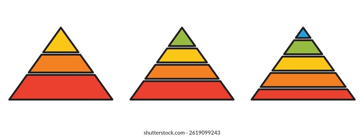 Conjunto de ícones infográficos da pirâmide. Coleção de segmentos de dados da hierarquia de triângulos. Níveis da pirâmide triangular. Pirâmide triangular.