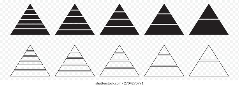 Ícone infográfico da pirâmide. Ícone da pirâmide. Coleção de segmentos de dados da hierarquia de triângulos. Conjunto de ícones da pirâmide de cores pretas. Ilustração do logotipo. EPS 10.