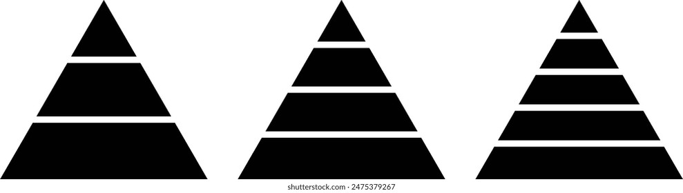 Conjunto de infografías piramidales . Gráficos piramidales con 3, 4, 5 niveles . Ilustración vectorial