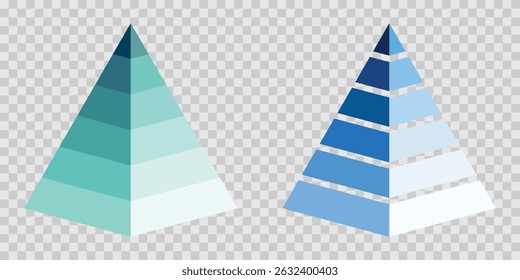Pyramid infographic set. Colorful vector triangle diagram, triangular pyramid infographics, designed for business presentations, charts, educational materials. pyramid diagrams with ascending levels.