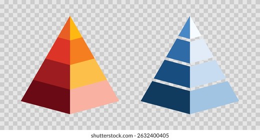 Infografik-Set für Pyramiden. Farbiges Vektordreiecksdiagramm, dreieckige Pyramiden-Infografiken, entworfen für Geschäftspräsentationen, Diagramme, Lernmaterialien. Pyramidendiagramme mit aufsteigenden Ebenen.