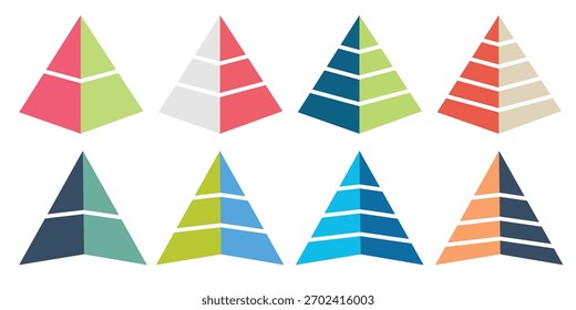 Pyramid infographic set. Colorful vector triangle diagram, triangular pyramid infographics, designed for business presentations, charts, educational materials. pyramid diagrams with ascending levels.