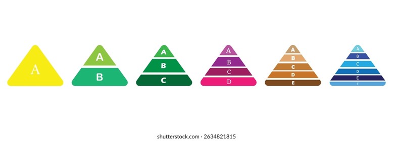 Conjunto infográfico de pirâmide. Níveis da pirâmide triangular. Coleção de segmentos de dados da hierarquia de triângulos. Conceito comercial. Gráfico de pirâmide de meio triângulo. Ilustração vetorial. Arquivo Eps 93.