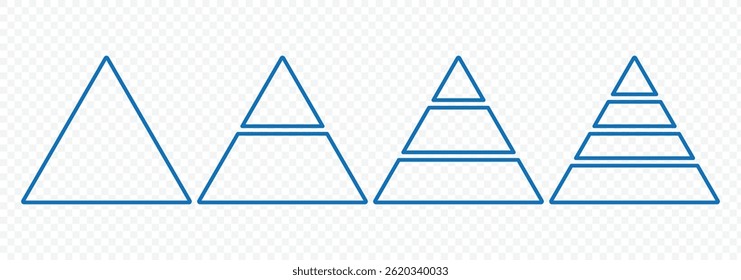 Pyramid infographic set . Triangle hierarchy data segments collection. Pyramid charts with 3, 4, 5 levels . Business concept. Vector illustration