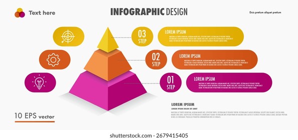 Pirámide infografía Plantilla 3 pasos estilo 3D moderno para la presentación, inicio de proyecto, estrategia de negocios, teoría de la operación básica, Vector de análisis lógico