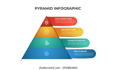 Pyramid infographic template with 4 levels, options, list diagram. Colorful layout for presentation, report, brochure, banner, etc.