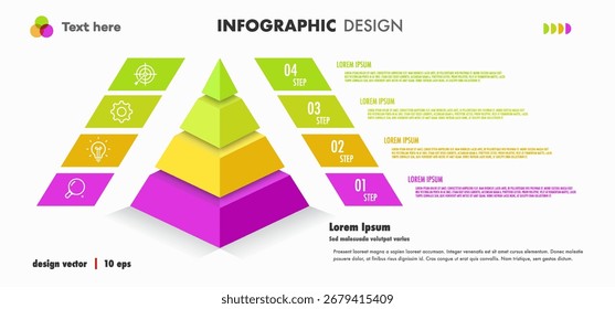 Pirámide infografía Plantilla 4 pasos estilo 3D de moda para la presentación, inicio de proyecto, estrategia de negocios, teoría de la operación básica, Vector de análisis lógico