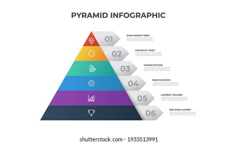 Pyramid infographic template with 6 list and icons, layout vector for presentation, report, brochure, flyer, etc.