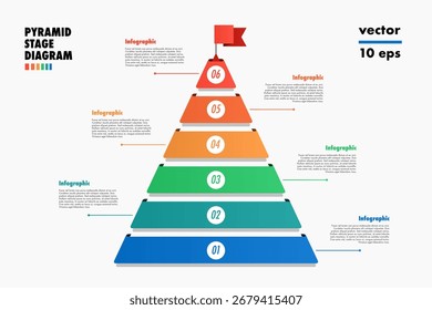 Pirámide infografía Plantilla 6 pasos estilo plano moderno para la presentación, inicio de proyecto, estrategia de negocios, teoría de la operación básica, Vector de análisis lógico
