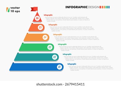 Pyramid infographic template 6 steps modern flat style for presentation, start up project, business strategy, theory basic operation, logic analysis vector
