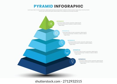 Modelo de infográfico de pirâmide com cinco opções de estágios de níveis azuis e verdes e lugar de texto