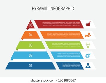 Pyramid infographic template with five elements on white background. vector illustration modern flat design. business and finance concept. Can be used for workflow layout, processes, presentation.