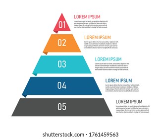 Pyramid infographic template with five elements. isolated on white background. vector illustration in flat design. can be used for workflow layout, diagram, web design.