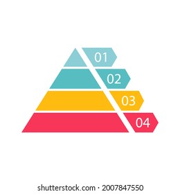 Pyramid Infografik Vorlage mit vier bunten Ebenen. Dreiecksdatensegmente. Farblayout mit 4 Diagrammen für Banner, Präsentation und Bericht. Vektorgrafik für Geschäftsgrafik einzeln auf Weiß.