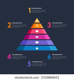 Pyramid infographic template with six level or steps. Slide for business presentation with icons and text