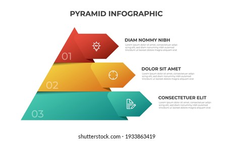 Vector de plantilla infográfica piramidal con lista de 3 opciones, diagrama de niveles. Elemento de diseño para presentación, pancarta, folleto, etc.