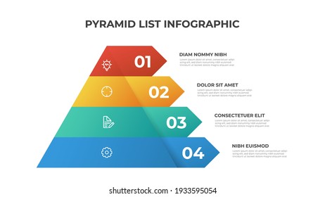 Vector de plantilla infográfica piramidal con 4 listas, capas, opciones, pasos. Elemento de diseño para presentación, informe, pancarta, etc.