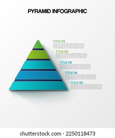 Pyramid infographic template vector with 5 lists, options, and levels diagram. Layout element for presentation, banner, brochure, etc. Vector business template for presentation. 