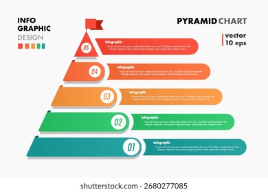 Vector de Plantilla de infografía piramidal Estilo 3D moderno de 5 pasos para presentación, proyecto de inicio, estrategia comercial, teoría de operación básica, análisis lógico