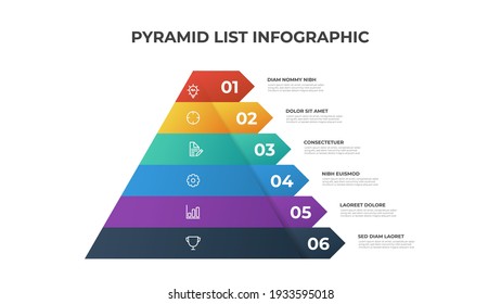 Pyramid infographic template vector with 6 list, layers, options, steps. Layout element for presentation, report, banner, etc.