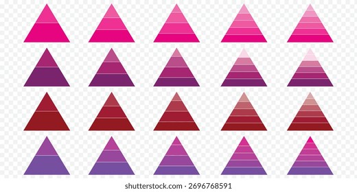 Grupo de modelos infográficos de pirâmide. Coleção de elementos de dados da hierarquia de triângulos. Ilustração vetorial isolada em branco. Conjunto de triângulos abstratos coloridos. EPS 10.