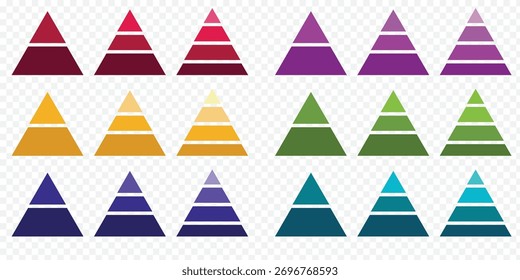 Pyramid infographic templates group. Triangle hierarchy data elements collection. Vector illustration isolated on white. Colorful abstract triangle set. EPS 10.