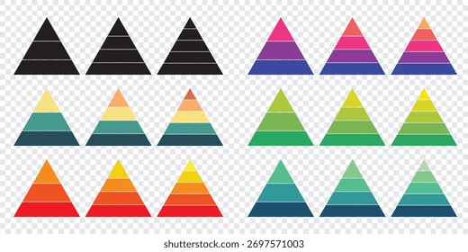Grupo de modelos infográficos de pirâmide. Coleção de elementos de dados da hierarquia de triângulos. Conjunto de ícones de diagrama piramidal. Níveis da pirâmide triangular. Infográfico de diagrama de funil para web, negócios, apresentações.