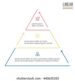 Pyramid for infographics. Linear diagram, chart with 3 steps, levels. Vector element.