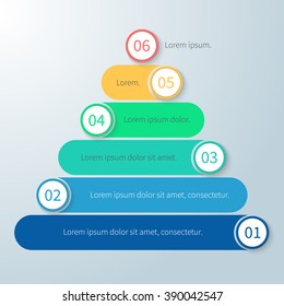 Pyramid for infographics with number options. Diagram, chart with 6 steps, parts, processes. Vector design element.